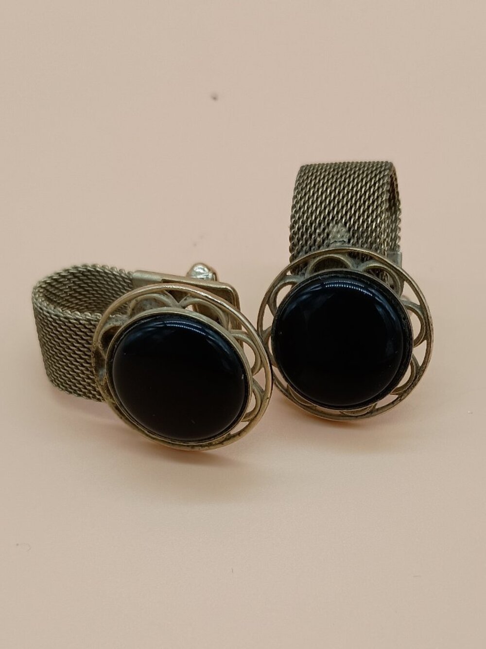 Vintage Cufflinks Black and Gold Mesh Wrap 1960s